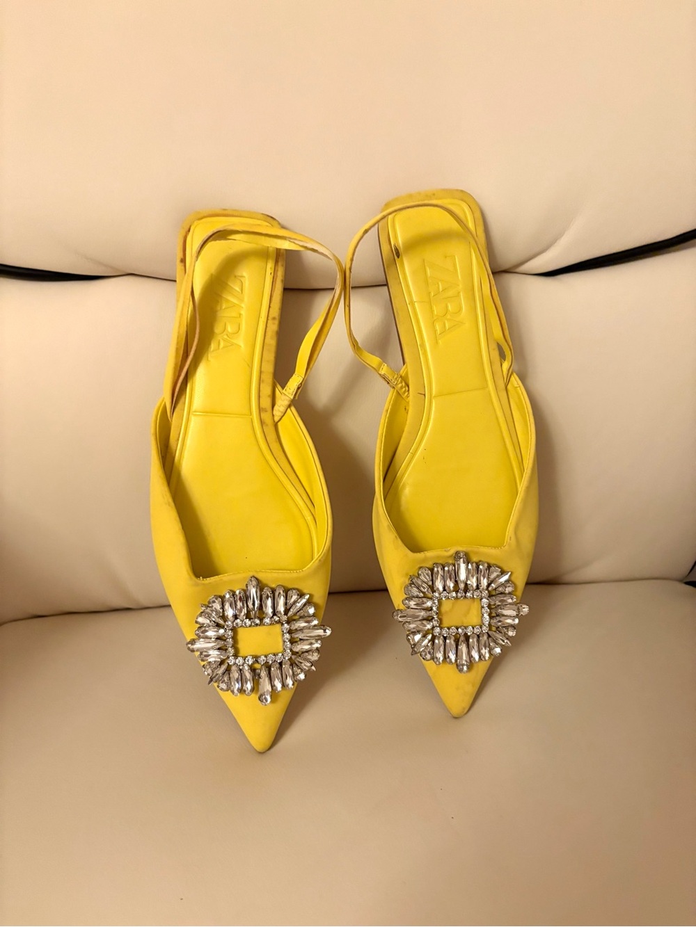 Zara Yellow Pointed Slingback Flats with Crystal Buckle